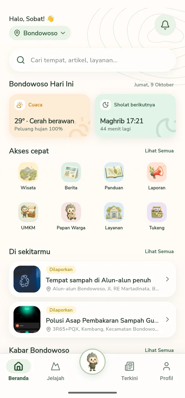 Beranda Bondowosopedia: cuaca, jadwal sholat, dan akses cepat